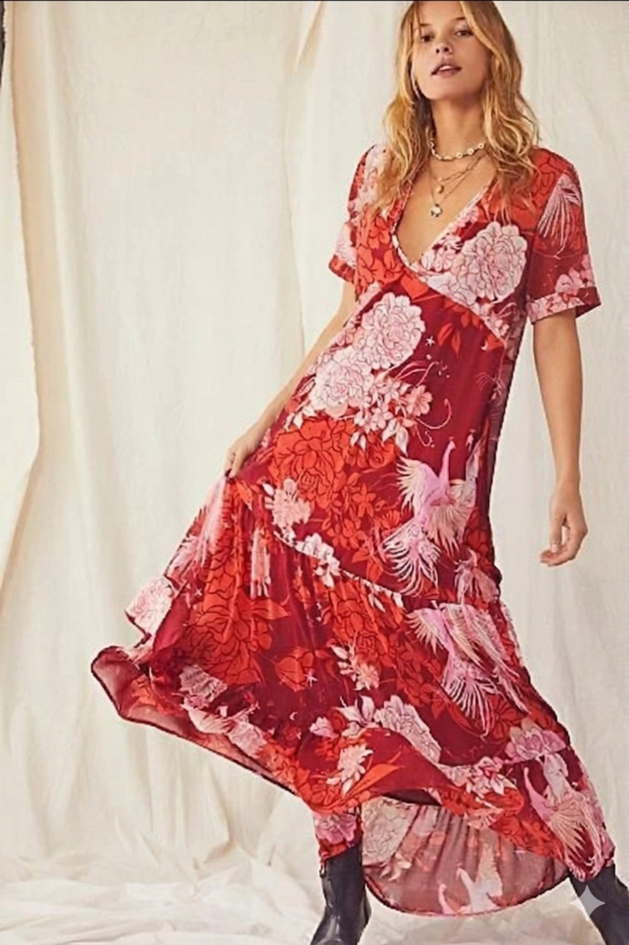 Free People Red XS Floral Boho Maxi Dress
